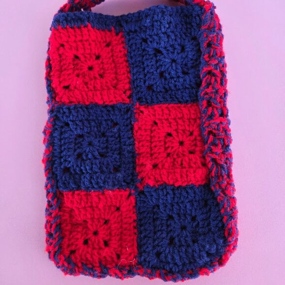 Handmade Crochet Red & Blue Checkered Purse - Picture 1 of 8